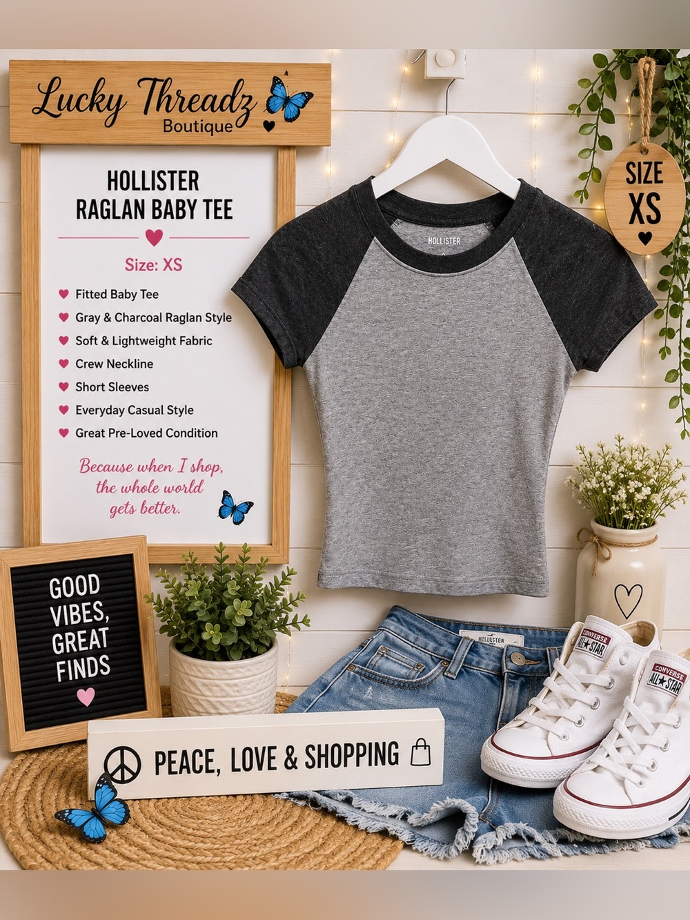 Hollister Heather Gray & Charcoal Raglan Short Sleeve Tee